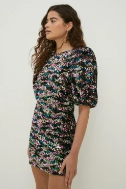 Best Oasis Petite Premium Mixed Sequin Puff Sleeve Mini Multi
