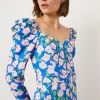 Online Oasis Petite Printed Floral Puff Sleeve Midi Dress Blue