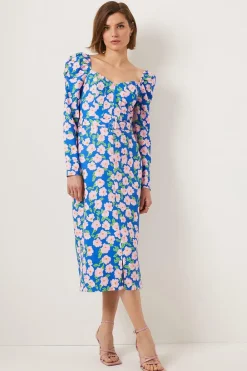 Online Oasis Petite Printed Floral Puff Sleeve Midi Dress Blue