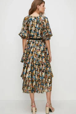 Sale Oasis Petite Printed Metallic Tiered Dress Black