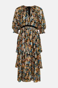 Sale Oasis Petite Printed Metallic Tiered Dress Black