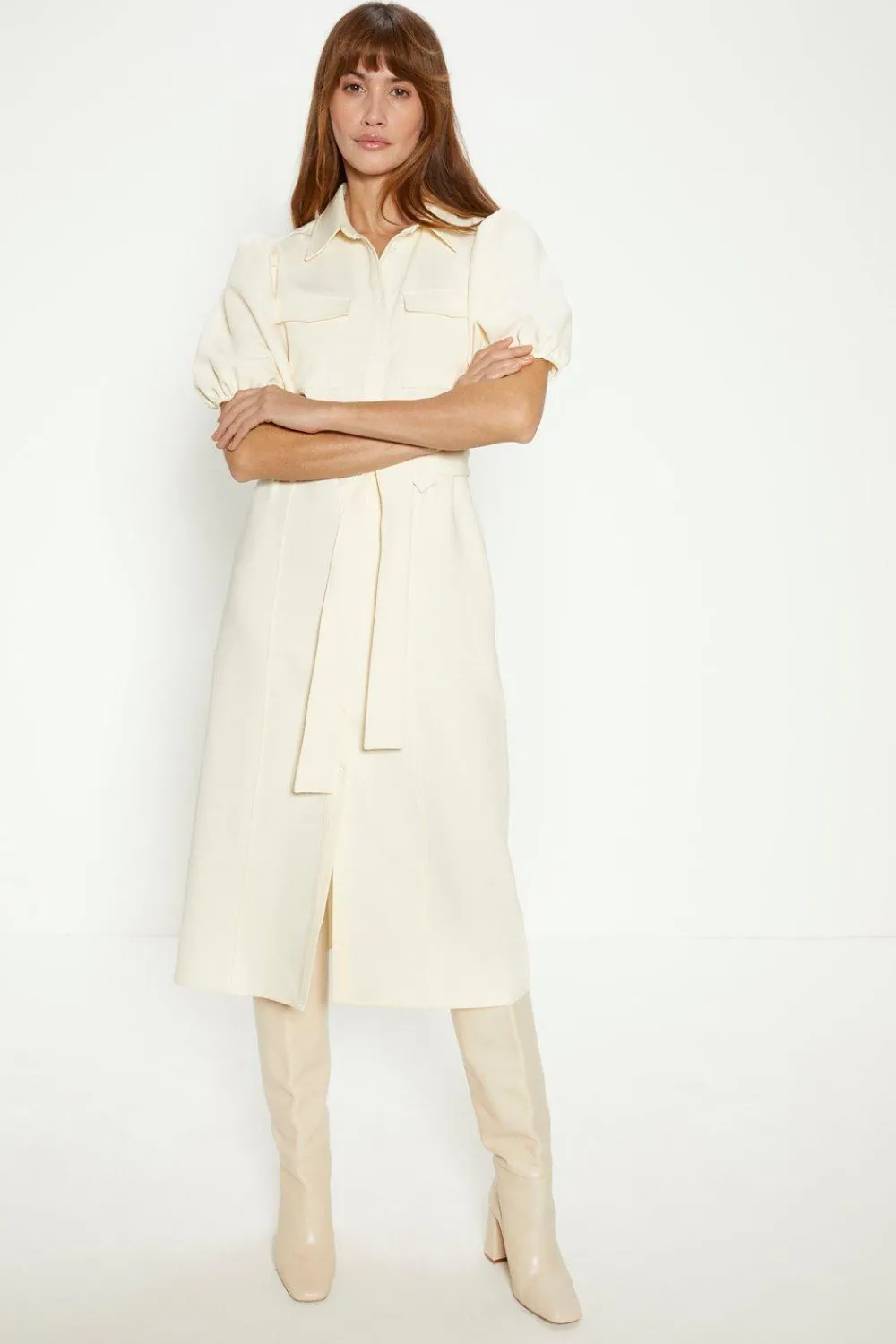 Fashion Oasis Petite Puff Sleeve Shirt Dress Ecru