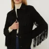 Outlet Oasis Petite Rachel Stevens Real Leather Fringe Jacket Black