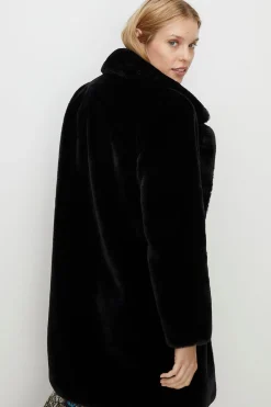Outlet Oasis Petite Recycled Faux Fur Collared Long Coat Black