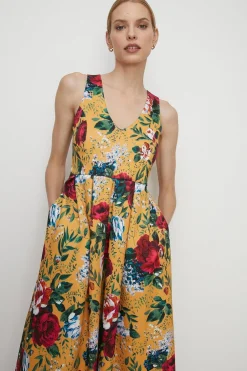 Clearance Oasis Petite Rose Floral Cross Back Scuba Dress Ochre