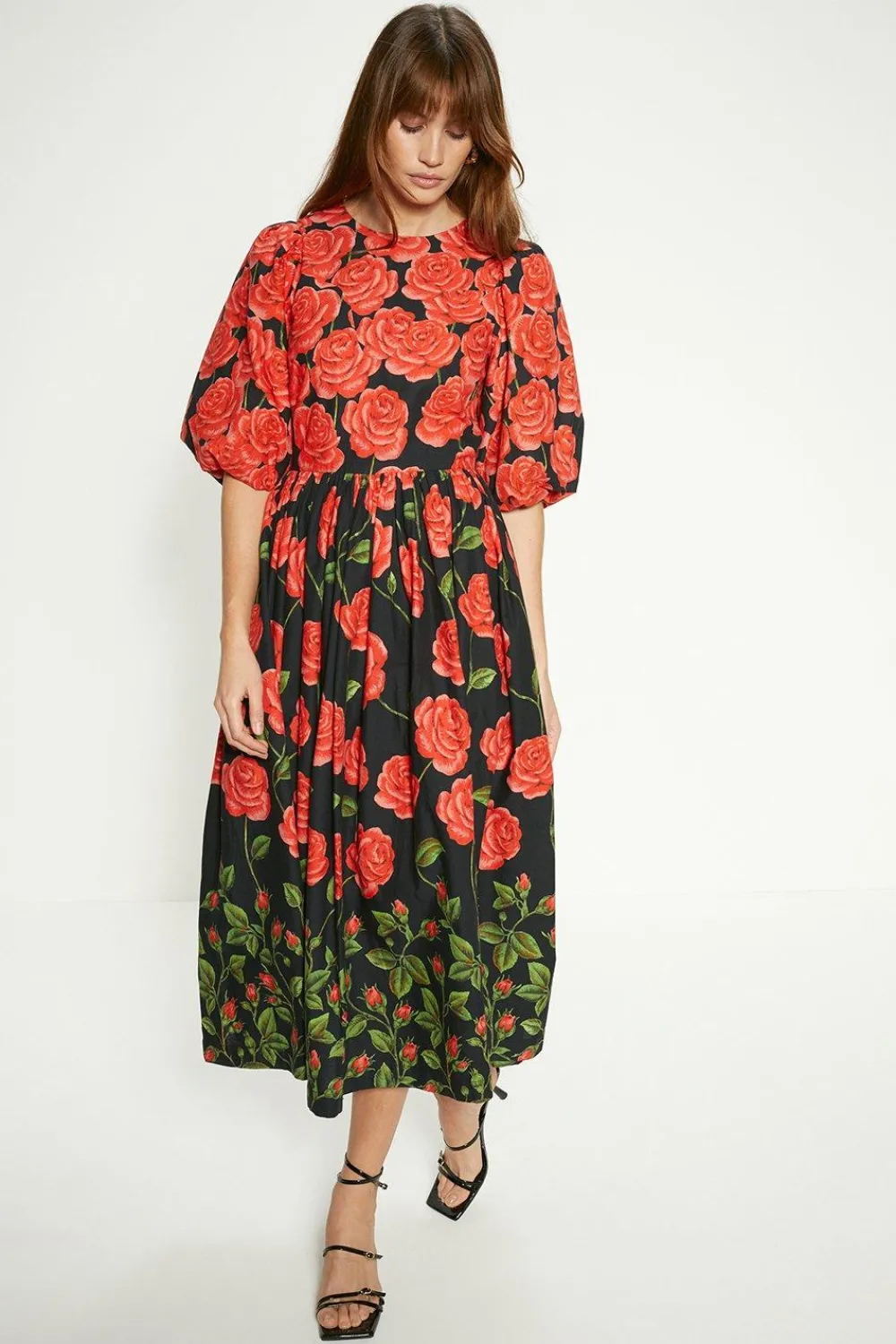 Sale Oasis Petite Rose Placement Puff Sleeve Midi Dress Red