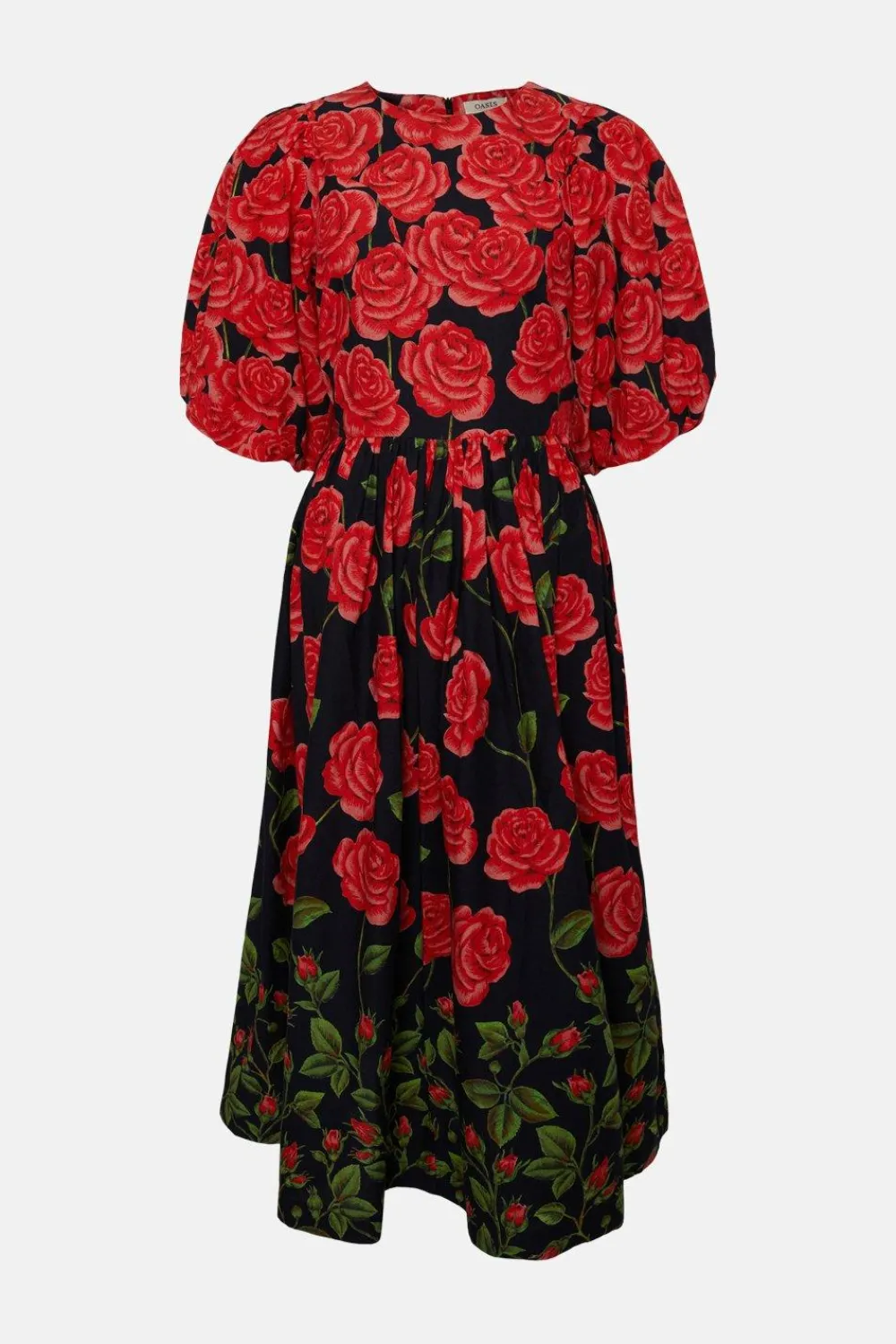 Sale Oasis Petite Rose Placement Puff Sleeve Midi Dress Red