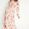 Discount Oasis Petite Ruched Pleated Tiered Floral Midi Dress Ivory