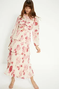 Discount Oasis Petite Ruched Pleated Tiered Floral Midi Dress Ivory