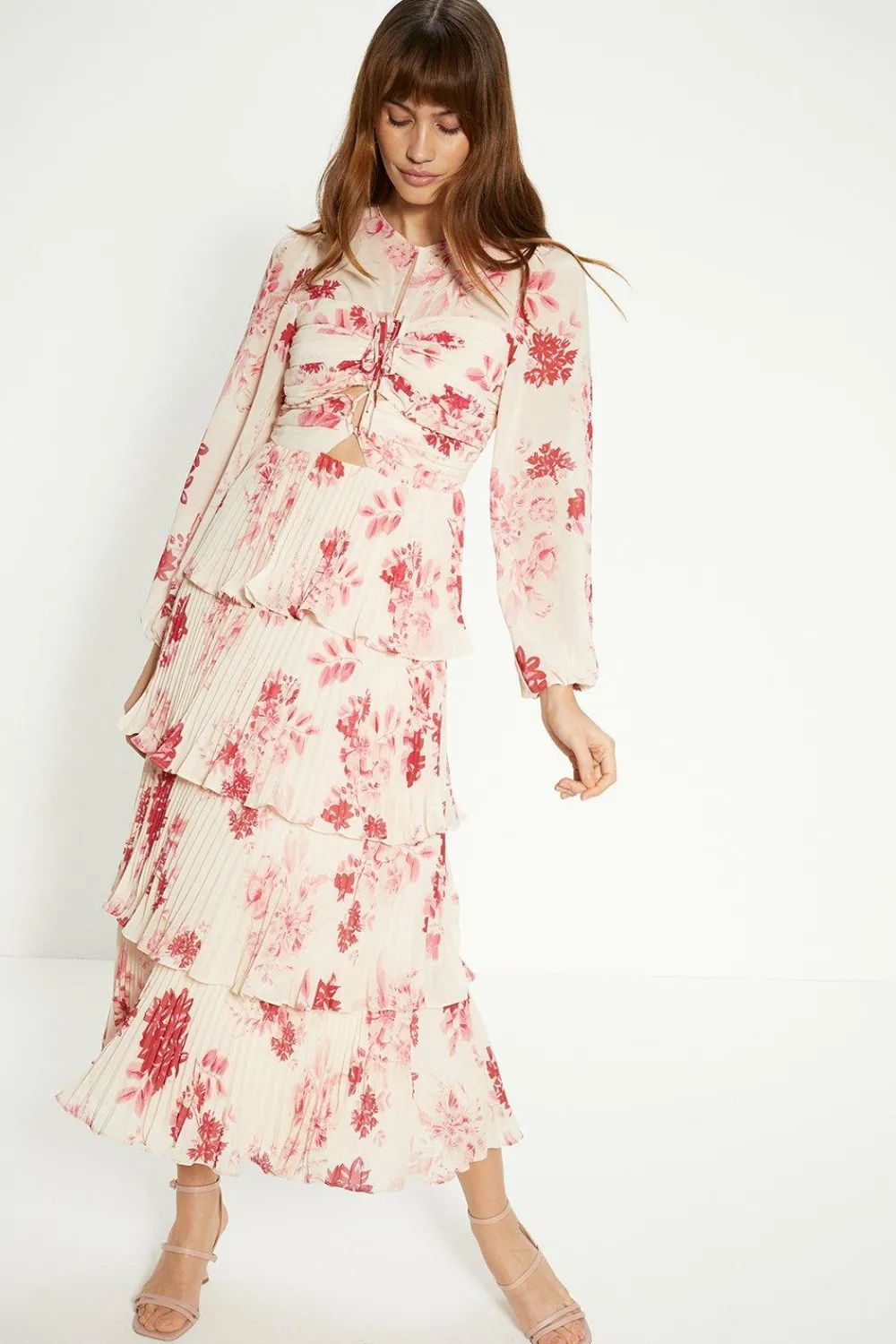 Discount Oasis Petite Ruched Pleated Tiered Floral Midi Dress Ivory