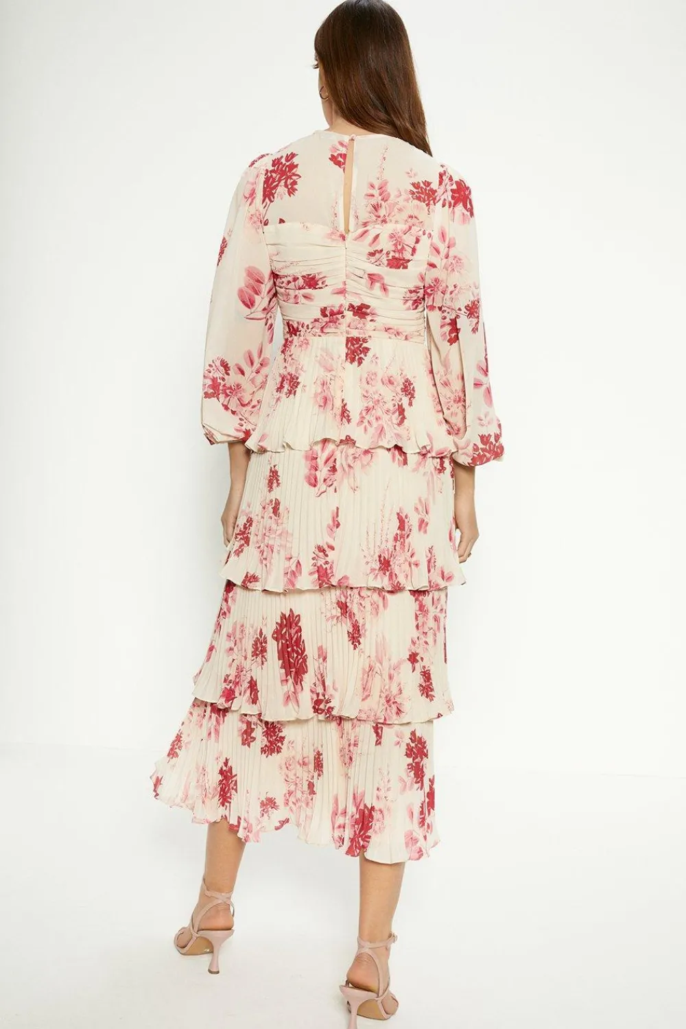 Discount Oasis Petite Ruched Pleated Tiered Floral Midi Dress Ivory