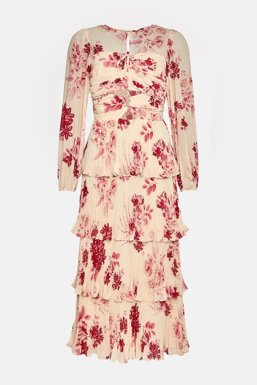 Discount Oasis Petite Ruched Pleated Tiered Floral Midi Dress Ivory