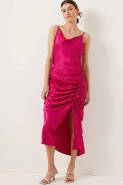 Fashion Oasis Petite Ruched Side Midi Slip Dress Hot Pink