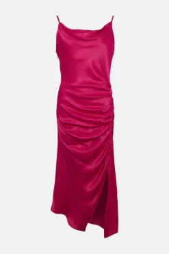 Fashion Oasis Petite Ruched Side Midi Slip Dress Hot Pink