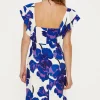 Clearance Oasis Petite Ruffle Detail Floral Crepe Midi Dress Ivory