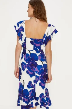 Clearance Oasis Petite Ruffle Detail Floral Crepe Midi Dress Ivory
