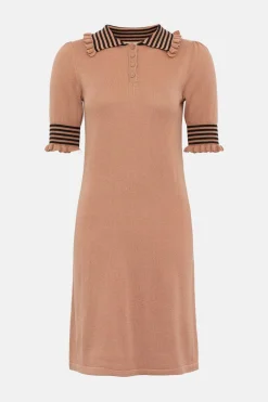Outlet Oasis Petite Ruffle Polo Stripe Dress Camel