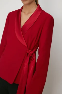 New Oasis Petite Satin Collar Wrap Crepe Blazer Red