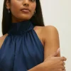 Clearance Oasis Petite Satin Halter Neck Midi Dress Navy