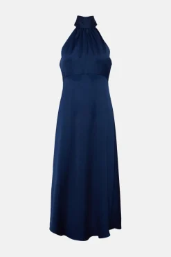 Clearance Oasis Petite Satin Halter Neck Midi Dress Navy