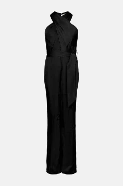 Online Oasis Petite Satin Halterneck Belted Jumpsuit Black