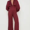 Sale Oasis Petite Satin Plunge Balloon Sleeve Jumpsuit Berry