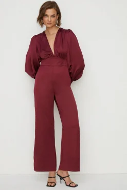 Sale Oasis Petite Satin Plunge Balloon Sleeve Jumpsuit Berry