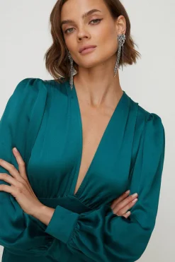 Hot Oasis Petite Satin Plunge Balloon Sleeve Jumpsuit Emerald