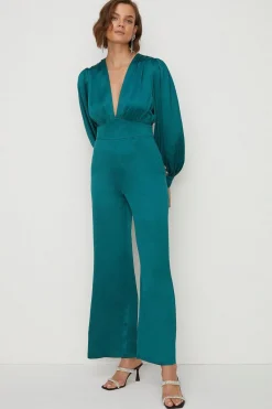 Hot Oasis Petite Satin Plunge Balloon Sleeve Jumpsuit Emerald