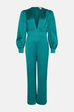 Hot Oasis Petite Satin Plunge Balloon Sleeve Jumpsuit Emerald