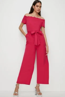 Online Oasis Petite Scallop Belted Bardot Jumpsuit Pink