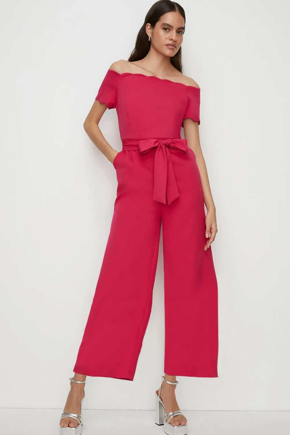 Online Oasis Petite Scallop Belted Bardot Jumpsuit Pink