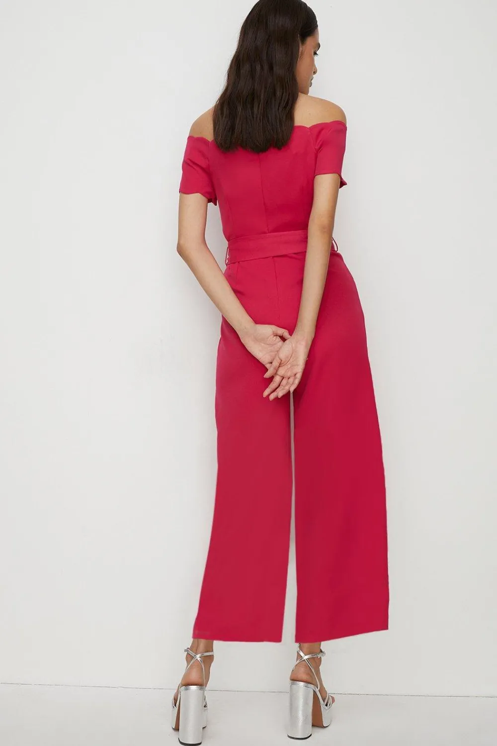 Online Oasis Petite Scallop Belted Bardot Jumpsuit Pink
