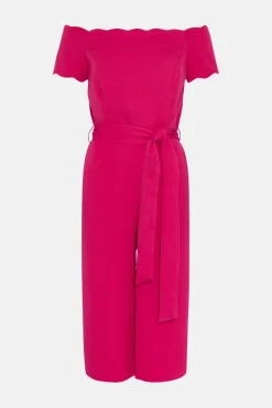 Online Oasis Petite Scallop Belted Bardot Jumpsuit Pink
