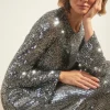 Sale Oasis Petite Sequin Belted Crew Neck Midi Dress Silver