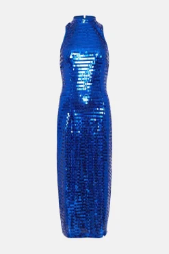 Sale Oasis Petite Sequin Halterneck Midi Dress Cobalt