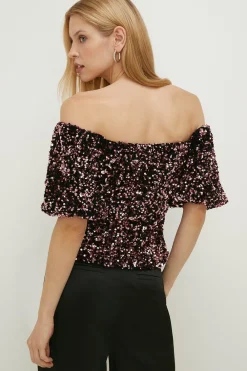 Fashion Oasis Petite Sequin Velvet Bardot Top Pink