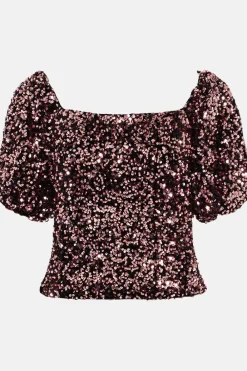 Fashion Oasis Petite Sequin Velvet Bardot Top Pink