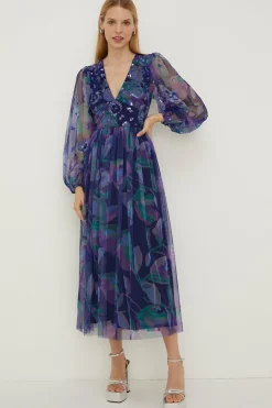 Outlet Oasis Petite Sequin Watercolour Mesh Midi Dress Navy