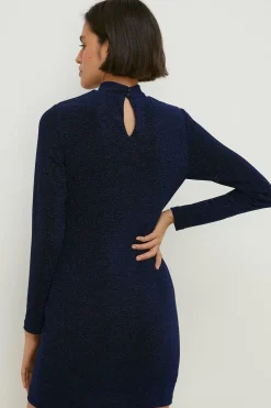 Outlet Oasis Petite Shimmer High Neck Gathered Front Dress Cobalt