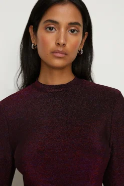 Fashion Oasis Petite Shimmer Long Sleeve Top Burgundy