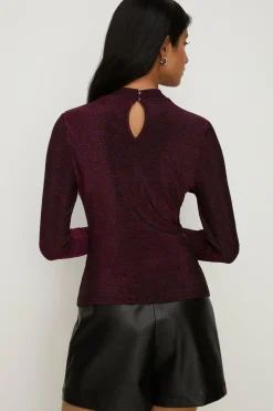 Fashion Oasis Petite Shimmer Long Sleeve Top Burgundy