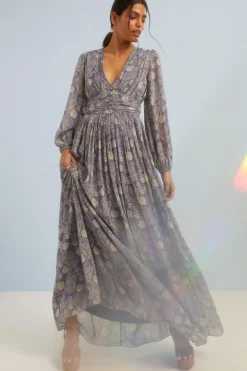 Fashion Oasis Petite Sketchy Floral Ruched Button Maxi Dress Vintage Blue