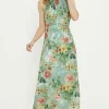 Fashion Oasis Petite Soft Floral Satin Burnout Halter Midi Dress Sage