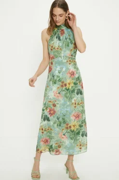 Fashion Oasis Petite Soft Floral Satin Burnout Halter Midi Dress Sage