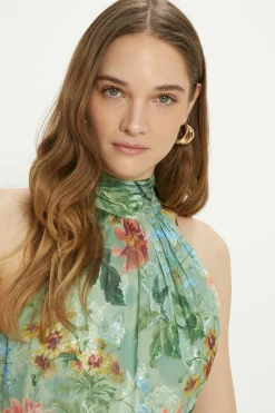 Fashion Oasis Petite Soft Floral Satin Burnout Halter Midi Dress Sage