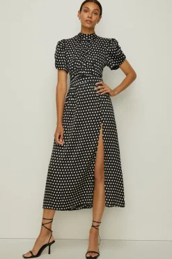 Clearance Oasis Petite Spot Ruched Puff Sleeve Midi Dress Mono