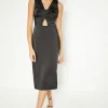 Fashion Oasis Petite Stretch Satin Twist Detail Midi Dress Black