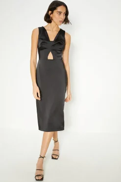Fashion Oasis Petite Stretch Satin Twist Detail Midi Dress Black