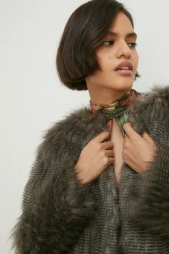 Outlet Oasis Petite Stripe Faux Fur Collarless Coat Grey